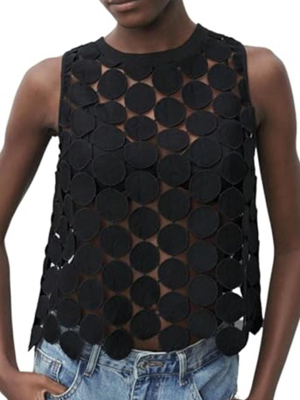 Women's Black Sheer Tank Tops See Through Polka Dots Asymmetrical Top Summer